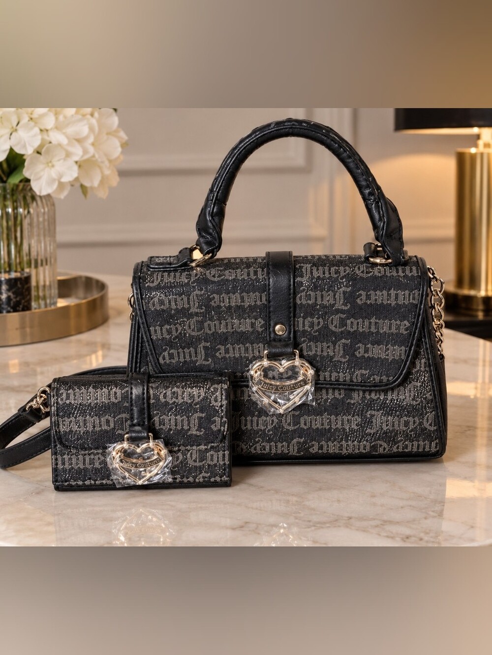 New!! Juicy Couture Black Logo Satchel with Matching Wallet